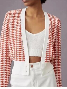 Anthropologie coral and White Cropped Knit Cardigan